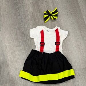 Baby Firefighter Costume Dress with Bow - White, Red, Black, Neon Yellow - 12m